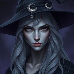 A striking portrait of a female Half-Drow with ashen-gray skin and long, silvery-white hair styled in soft waves