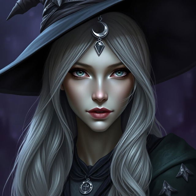 A striking portrait of a female Half-Drow with ashen-gray skin and long, silvery-white hair styled in soft waves