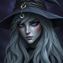 A striking portrait of a female Half-Drow with ashen-gray skin and long, silvery-white hair styled in soft waves