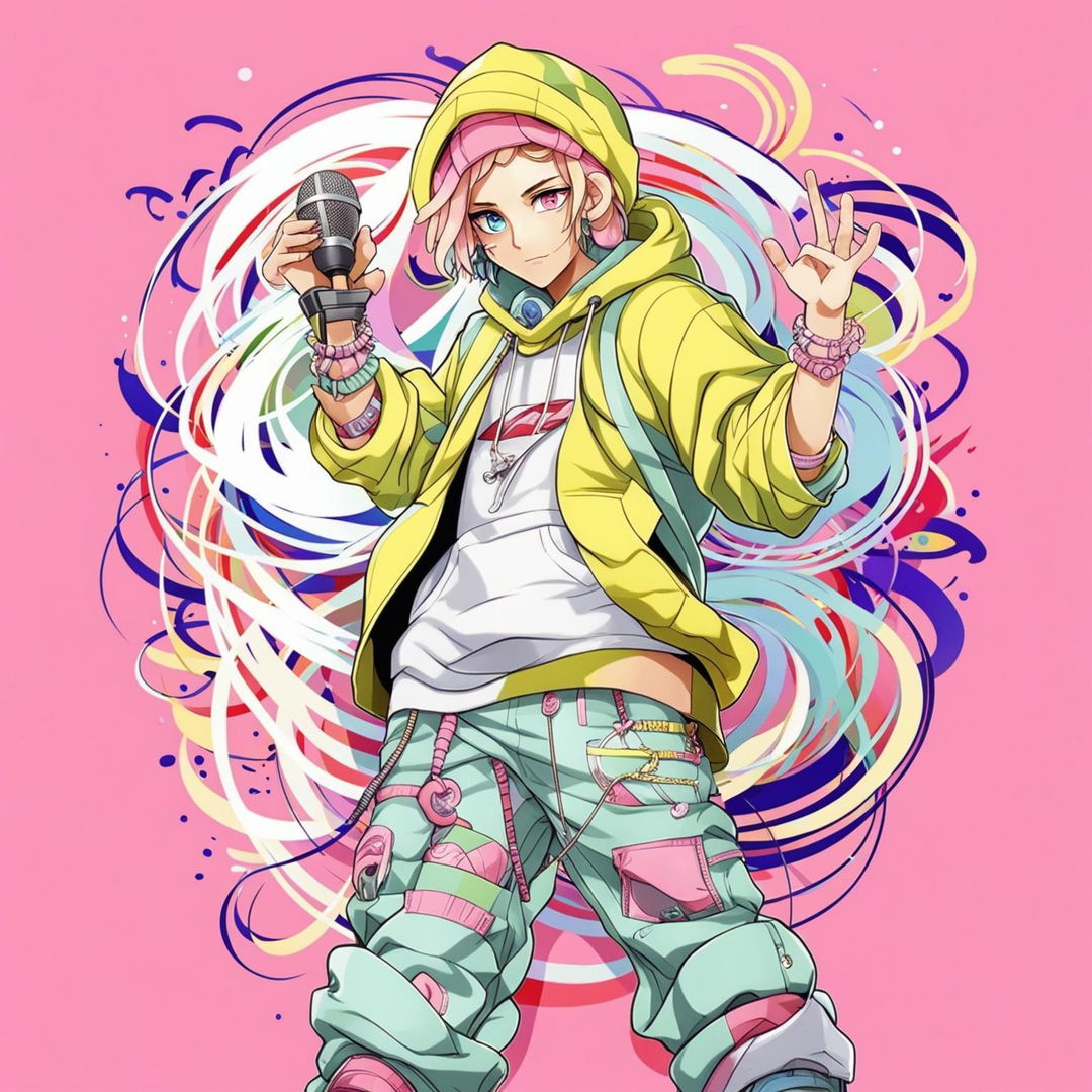 Anime-style rapper with pastel pink hair and blue eyes, dressed in pastel yellow hoodie and green jeans, holding a microphone against a swirling pastel background