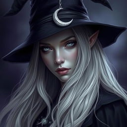 A captivating portrait of a female Half-Drow with ashen-gray skin and long, silvery-white hair cascading elegantly
