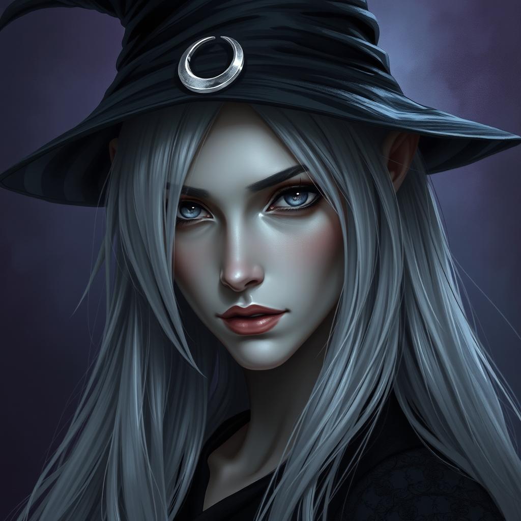 A captivating portrait of a female Half-Drow with ashen-gray skin and long, silvery-white hair cascading elegantly