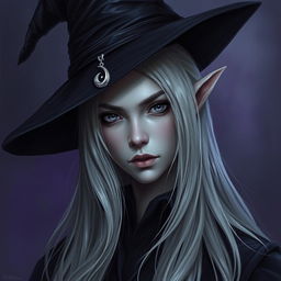 A captivating portrait of a female Half-Drow with ashen-gray skin and long, silvery-white hair cascading elegantly