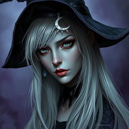 A captivating portrait of a female Half-Drow with ashen-gray skin and long, silvery-white hair cascading elegantly