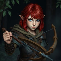 A female Halfling rogue with vibrant red shoulder-length hair and striking blue eyes, poised with a shortbow in her hands