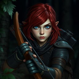 A female Halfling rogue with vibrant red shoulder-length hair and striking blue eyes, poised with a shortbow in her hands