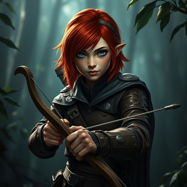 A female Halfling rogue with vibrant red shoulder-length hair and striking blue eyes, poised with a shortbow in her hands