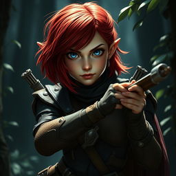 A female Halfling rogue with vibrant red shoulder-length hair and striking blue eyes, poised with a shortbow in her hands