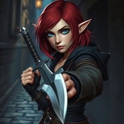 A female Halfling rogue character with red shoulder-length hair and striking blue eyes