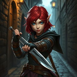 A female Halfling rogue character with red shoulder-length hair and striking blue eyes