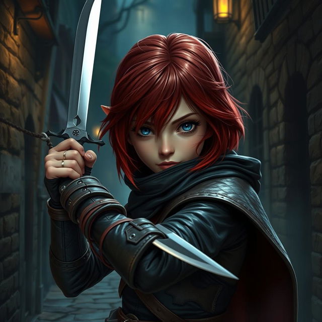 A female Halfling rogue character with red shoulder-length hair and striking blue eyes