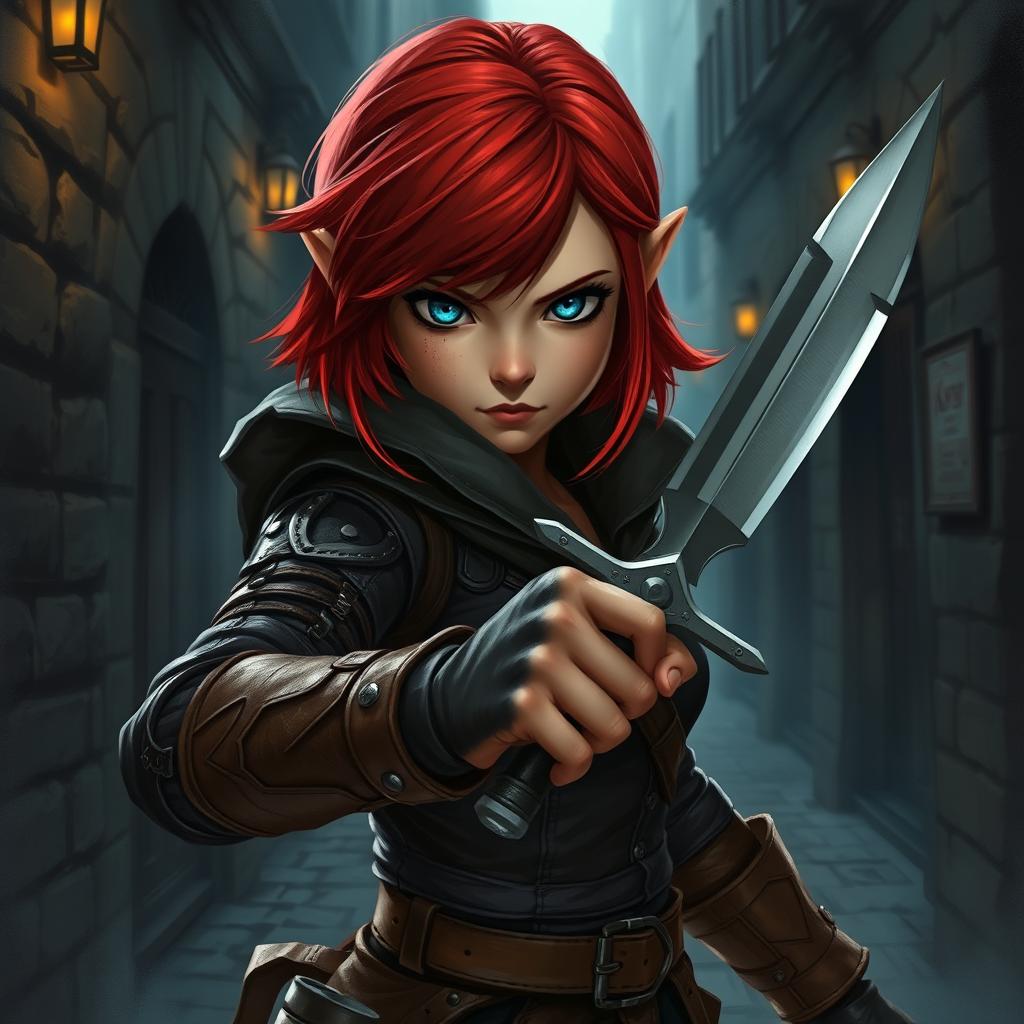 A female Halfling rogue character with red shoulder-length hair and striking blue eyes