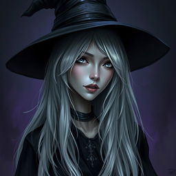 An enchanting image of a female Half-Drow with ashen-gray skin and long, silvery-white hair cascading elegantly