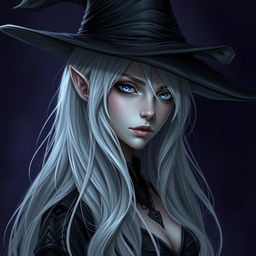 An enchanting image of a female Half-Drow with ashen-gray skin and long, silvery-white hair cascading elegantly