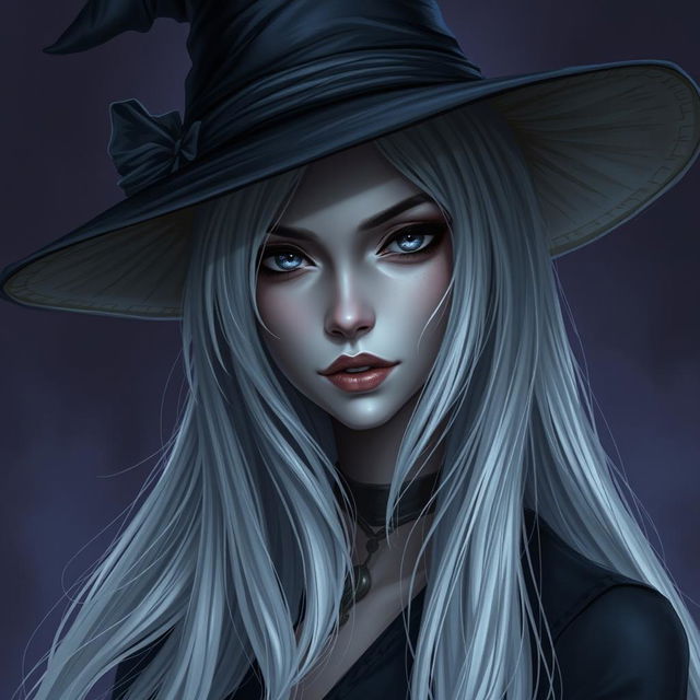 An enchanting image of a female Half-Drow with ashen-gray skin and long, silvery-white hair cascading elegantly