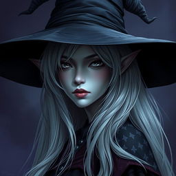 An enchanting image of a female Half-Drow with ashen-gray skin and long, silvery-white hair cascading elegantly