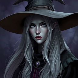 An intriguing image of a female Half-Drow fortune teller with ashen-gray skin and long, silvery-white hair flowing gracefully