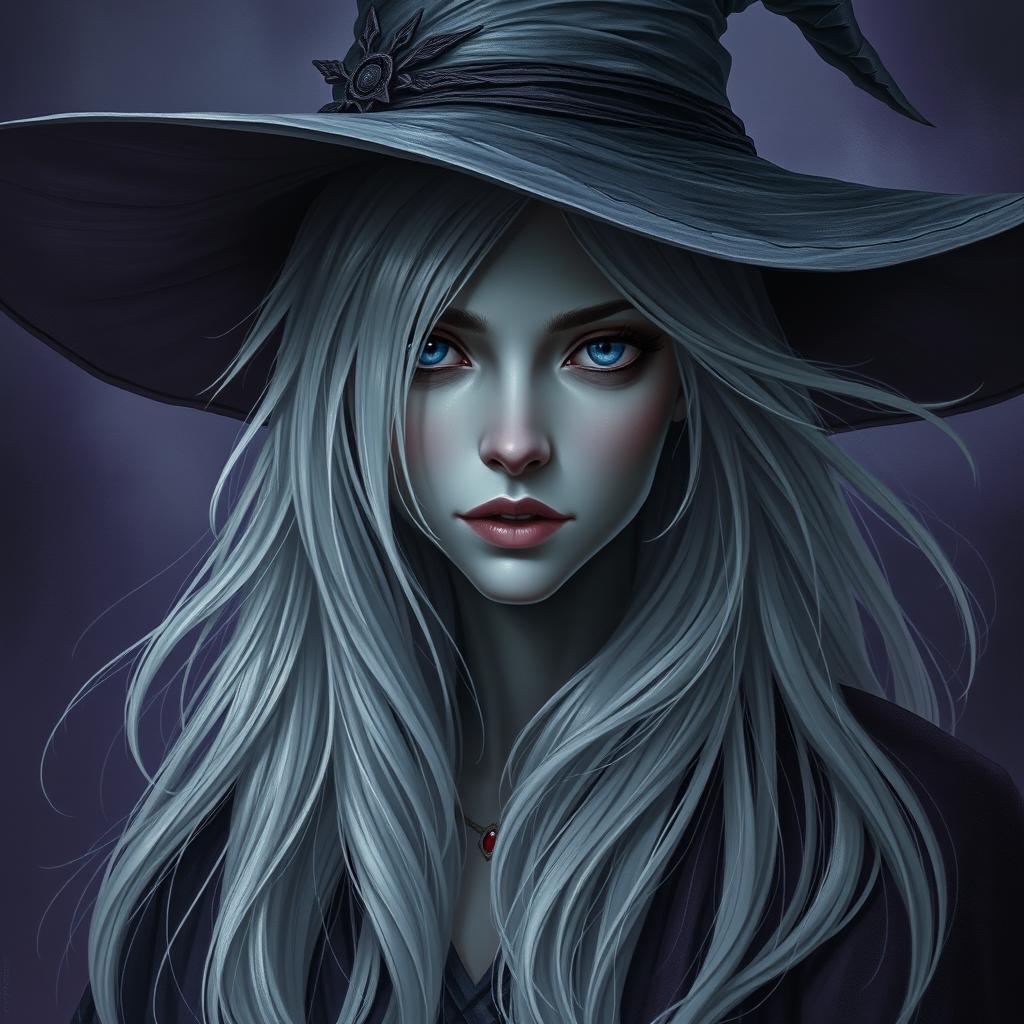 An intriguing image of a female Half-Drow fortune teller with ashen-gray skin and long, silvery-white hair flowing gracefully