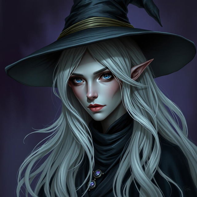 An intriguing image of a female Half-Drow fortune teller with ashen-gray skin and long, silvery-white hair flowing gracefully