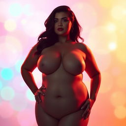 A stunning pose of a voluptuous woman with large breasts, her silhouette accentuated by soft, warm lighting