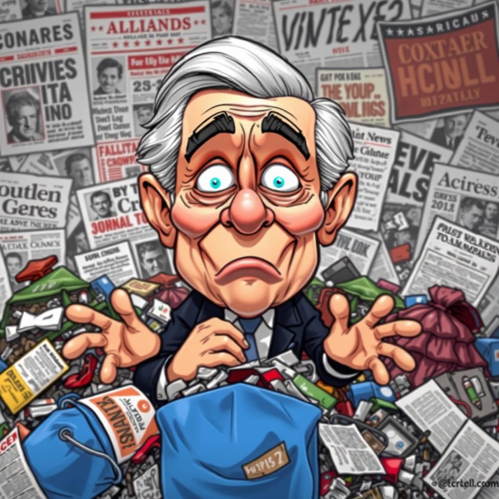 A satirical cartoon depiction of a former president, featuring exaggerated features and expressions, surrounded by piles of politically themed garbage representing controversies and scandals, colorful and vibrant style, set against a chaotic background of headlines and news articles