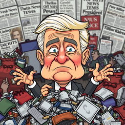 A satirical cartoon depiction of a former president, featuring exaggerated features and expressions, surrounded by piles of politically themed garbage representing controversies and scandals, colorful and vibrant style, set against a chaotic background of headlines and news articles