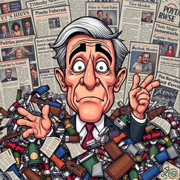 A satirical cartoon depiction of a former president, featuring exaggerated features and expressions, surrounded by piles of politically themed garbage representing controversies and scandals, colorful and vibrant style, set against a chaotic background of headlines and news articles