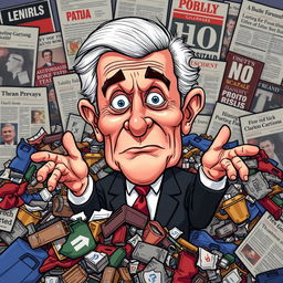 A satirical cartoon depiction of a former president, featuring exaggerated features and expressions, surrounded by piles of politically themed garbage representing controversies and scandals, colorful and vibrant style, set against a chaotic background of headlines and news articles