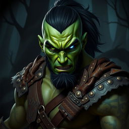 A fierce half-orc barbarian with striking green skin, showcasing an intense expression