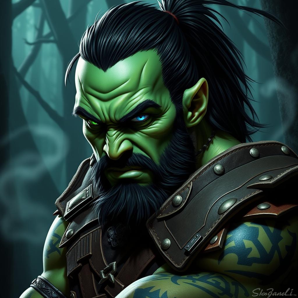 A fierce half-orc barbarian with striking green skin, showcasing an intense expression