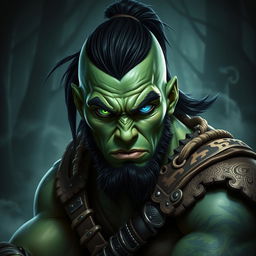 A fierce half-orc barbarian with striking green skin, showcasing an intense expression