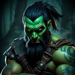 A fierce half-orc barbarian with striking green skin, showcasing an intense expression