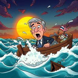 A surreal and humorous scene depicting a former president stranded on a sinking boat, surrounded by choppy waves and a dramatic sunset in the background