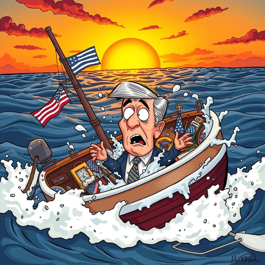 A surreal and humorous scene depicting a former president stranded on a sinking boat, surrounded by choppy waves and a dramatic sunset in the background