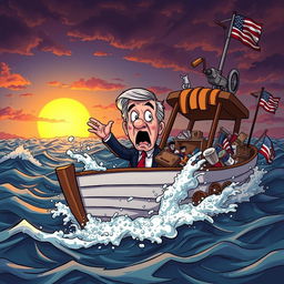 A surreal and humorous scene depicting a former president stranded on a sinking boat, surrounded by choppy waves and a dramatic sunset in the background