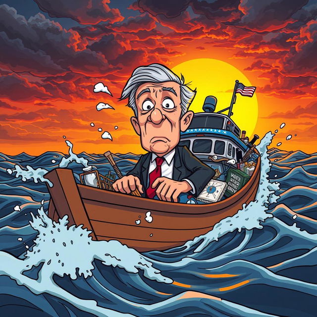 A surreal and humorous scene depicting a former president stranded on a sinking boat, surrounded by choppy waves and a dramatic sunset in the background