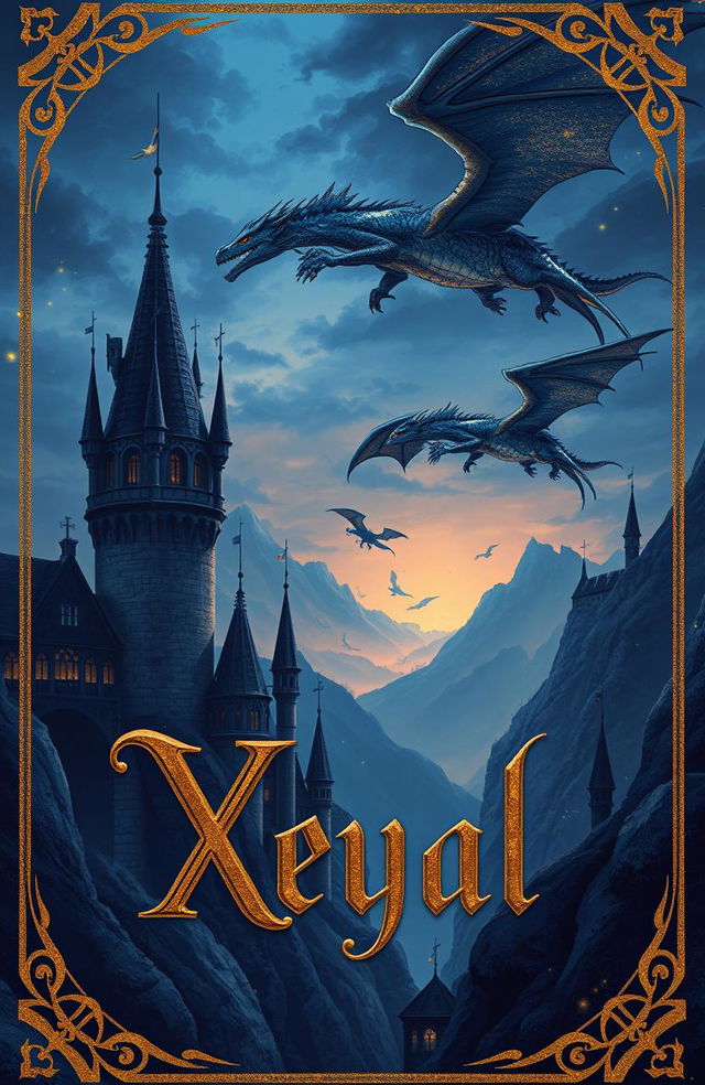 A captivating fantasy scene set in the Middle Ages featuring majestic dark blue castles and formidable dragons soaring through a twilight sky