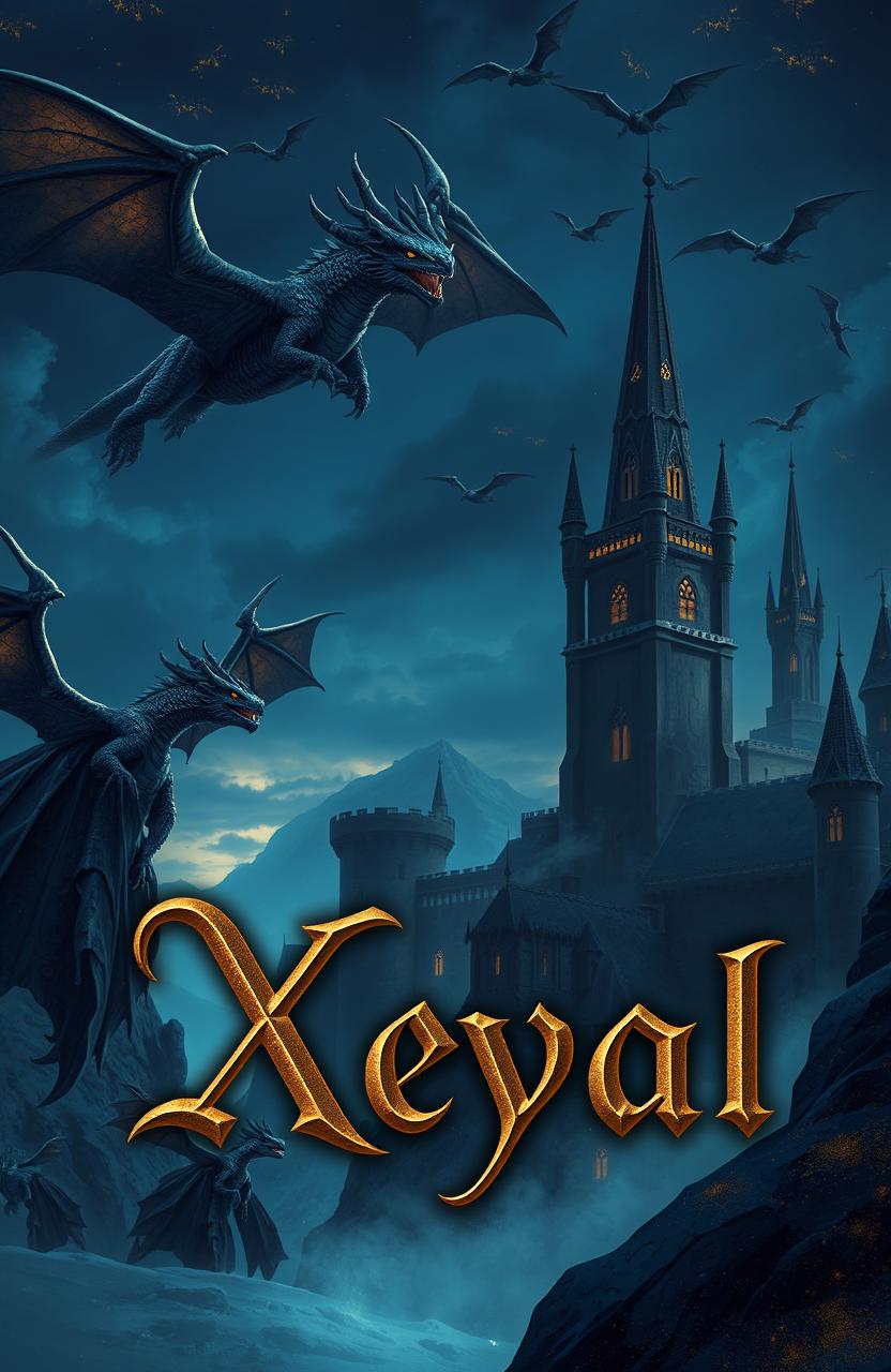 A captivating fantasy scene set in the Middle Ages featuring majestic dark blue castles and formidable dragons soaring through a twilight sky