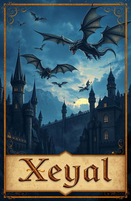 A captivating fantasy scene set in the Middle Ages featuring majestic dark blue castles and formidable dragons soaring through a twilight sky