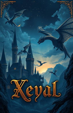 A captivating fantasy scene set in the Middle Ages featuring majestic dark blue castles and formidable dragons soaring through a twilight sky