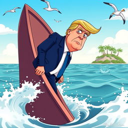 A cartoon-style depiction of a comical scene featuring a middle-aged man with distinct blond hair and a suit, representing Donald Trump, looking bewildered as he stands on a sinking boat