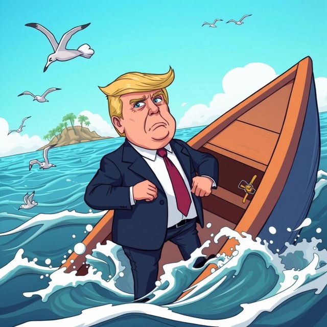 A cartoon-style depiction of a comical scene featuring a middle-aged man with distinct blond hair and a suit, representing Donald Trump, looking bewildered as he stands on a sinking boat