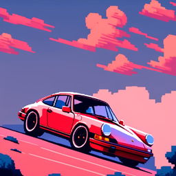 Pixel art profile picture featuring a vibrant red Porsche 911 against a gradient blue sky.