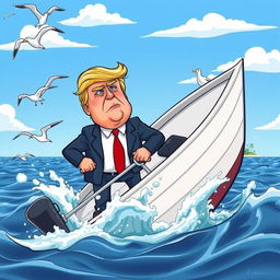 A cartoon-style depiction of a comical scene featuring a middle-aged man with distinct blond hair and a suit, representing Donald Trump, looking bewildered as he stands on a sinking boat