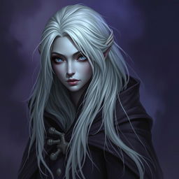 An enchanting image of a female Half-Drow fortune teller with ashen-gray skin and long, flowing silvery-white hair
