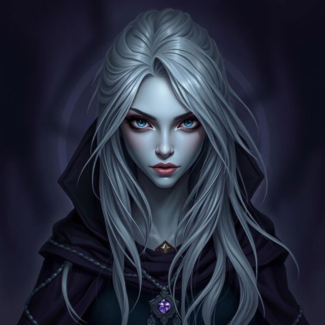 An enchanting image of a female Half-Drow fortune teller with ashen-gray skin and long, flowing silvery-white hair