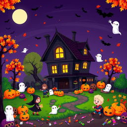 A vibrant and colorful pixel art scene celebrating Halloween, featuring a quirky haunted house with glowing windows, surrounded by whimsical jack-o-lanterns, colorful autumn leaves, and playful ghosts