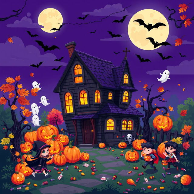 A vibrant and colorful pixel art scene celebrating Halloween, featuring a quirky haunted house with glowing windows, surrounded by whimsical jack-o-lanterns, colorful autumn leaves, and playful ghosts