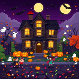 A vibrant and colorful pixel art scene celebrating Halloween, featuring a quirky haunted house with glowing windows, surrounded by whimsical jack-o-lanterns, colorful autumn leaves, and playful ghosts