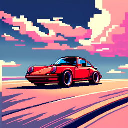 Pixel art profile picture featuring a vibrant red Porsche 911 against a gradient blue sky.